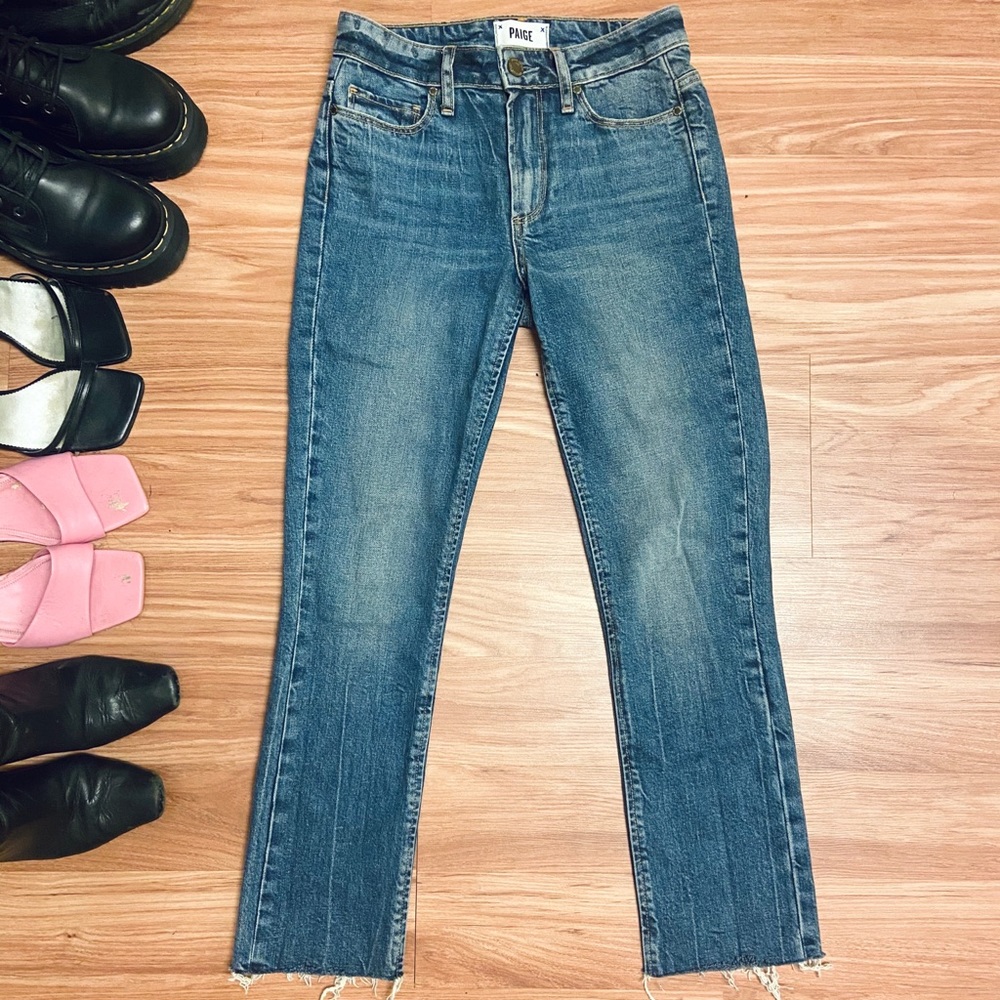 PAIGE High Rise Crop Straight Raw Hem Denim
